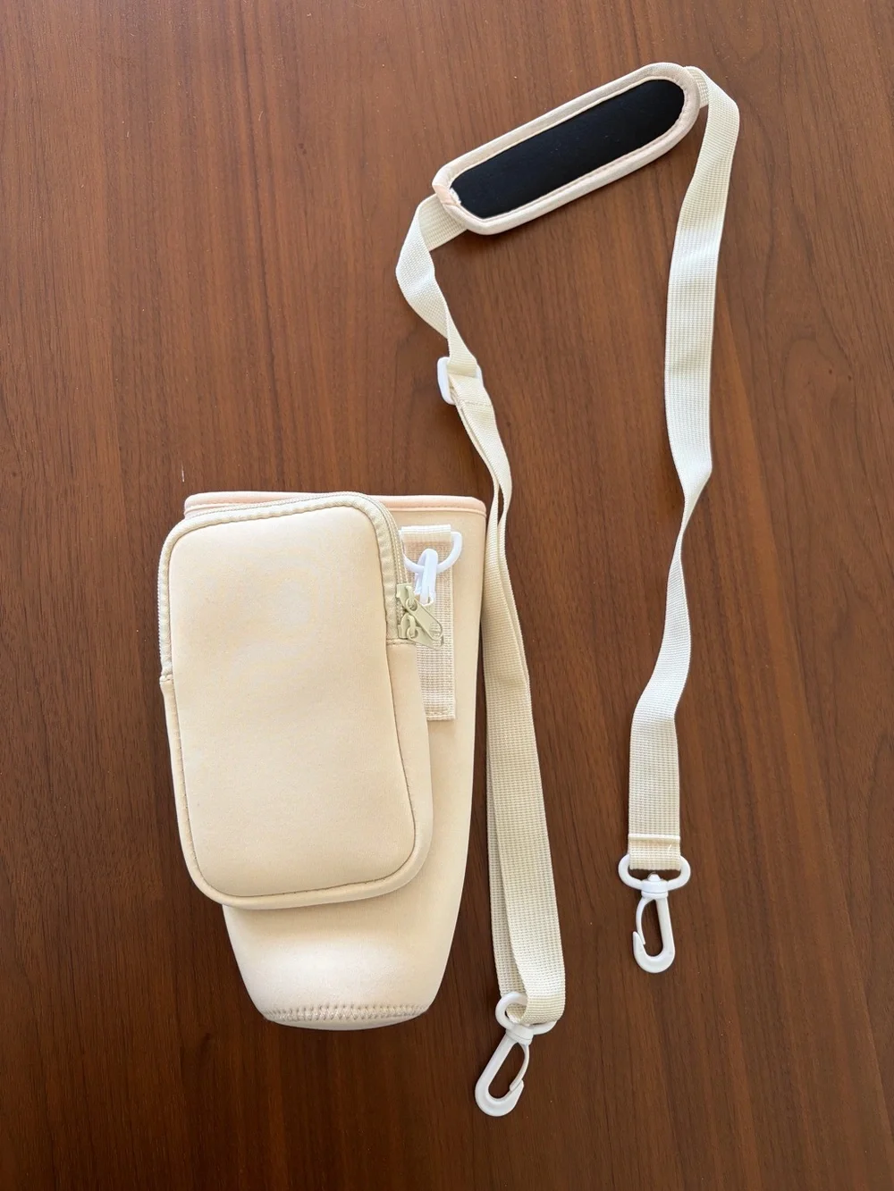 Cream water bottle carrier bag with phone pocket for Stanley 40oz tumbler